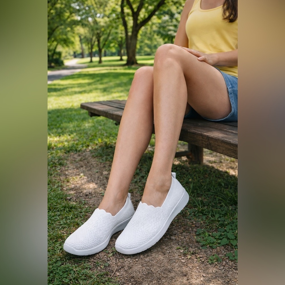 🤍 Coral Bay Amanda White Knit Slip-On Sneakers | Memory Foam | Size 7.5